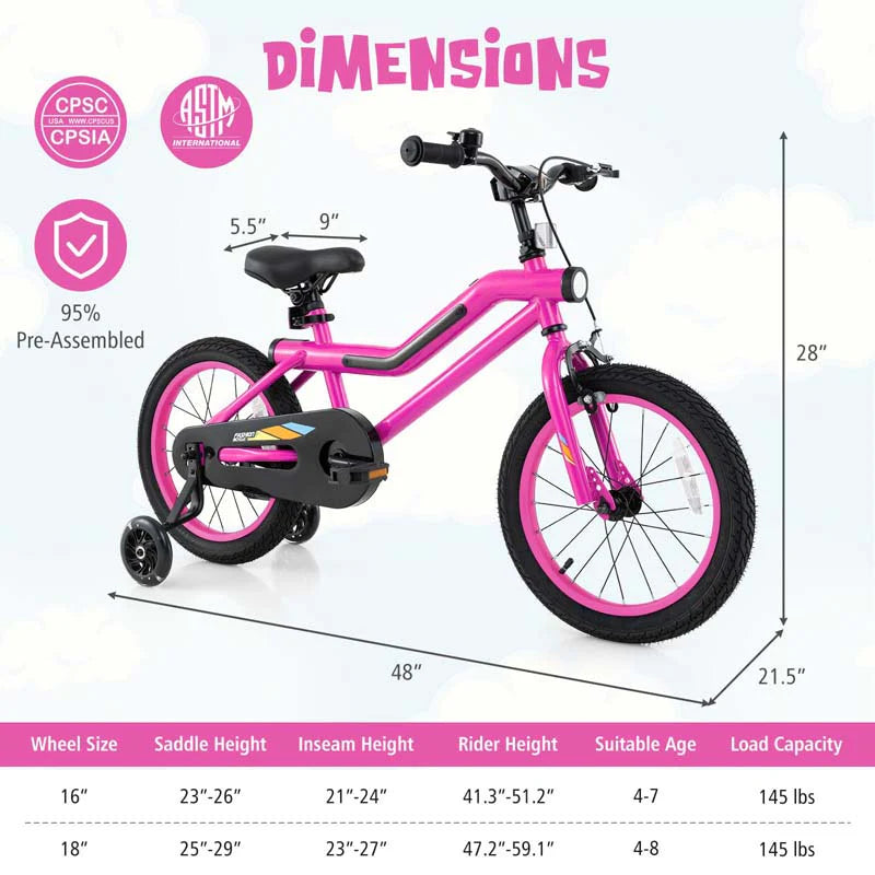 16/18 Inch LED Lighted Kids Bike with Training Wheels, Headlight, Adjustable Seat & Dual Brakes, Children Bicycle for Ages 4-8 Years