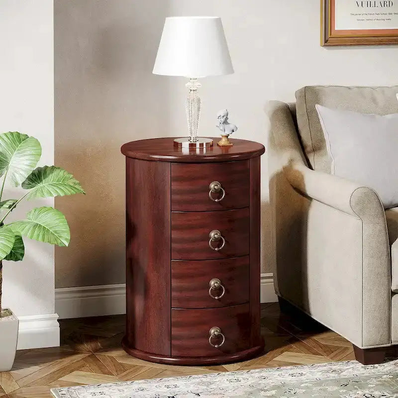No-Assembly Vintage End Table – Solid Wood Round Side Table with Drawers