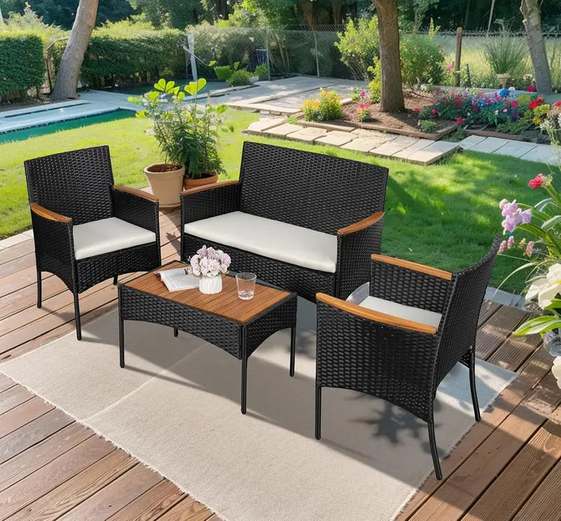 Shintenchi Wicker Patio Conversation Set — 4-Piece Outdoor Furniture Ensemble with All-Weather Cushions
