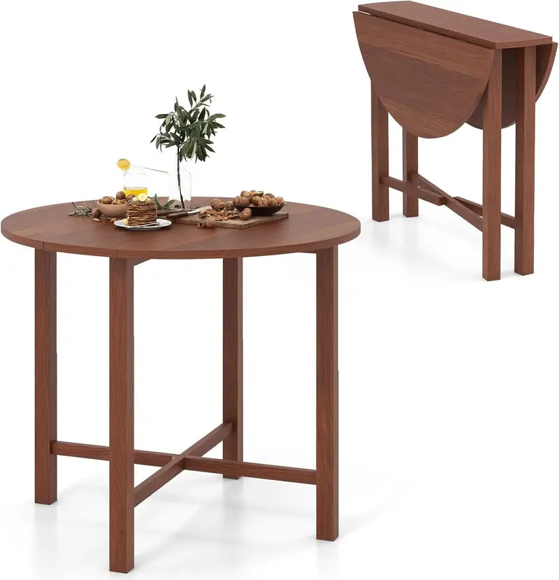 Walnut Round Drop-Leaf Dining Table – Extendable Farmhouse Table for 2–4, Solid Wood Legs