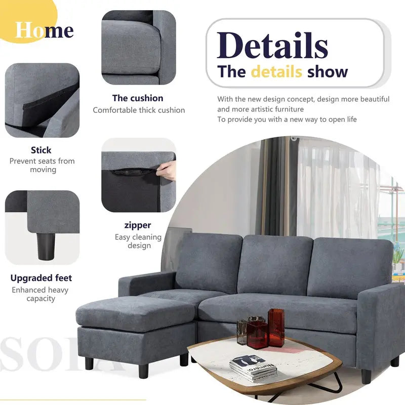 Walsunny L-Shaped Convertible Sectional Sofa – Linen Fabric, Reversible Ottoman, Space-Saving Modular Design