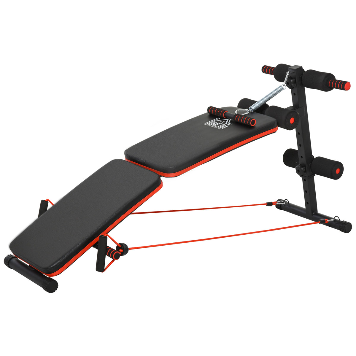 HOMCOM Sit Up Bank Bauchtrainer mit Trainingsseile Trainingsbank Multifunktion Verstellbar&klappbar 110 kg Belastbarkeit Stahl Schwarz+Rot 137 x 51 x 50-66 cm