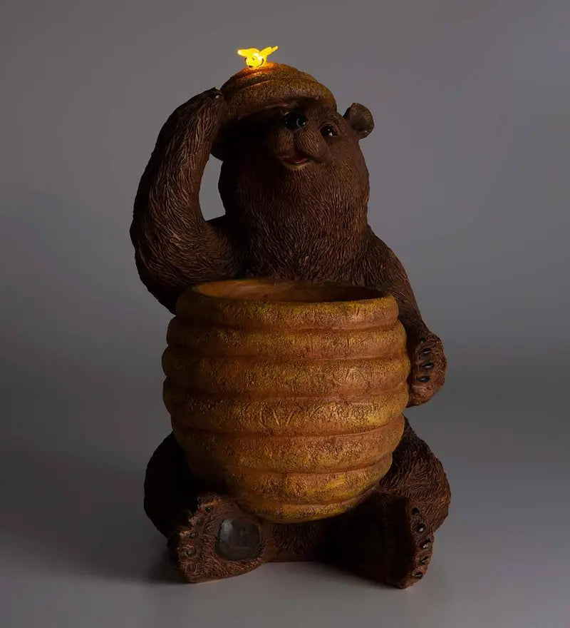 Oh Honey Solar-Powered Birdbath Featuring Bear and Beehive Sculptures
