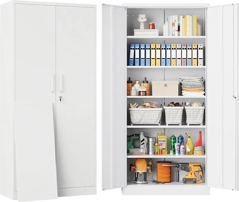 Heavy-Duty Lockable Metal Storage Cabinet – 71-Inch Black Steel Unit with Six Shelves for Garage, Office, or Workshop Use
