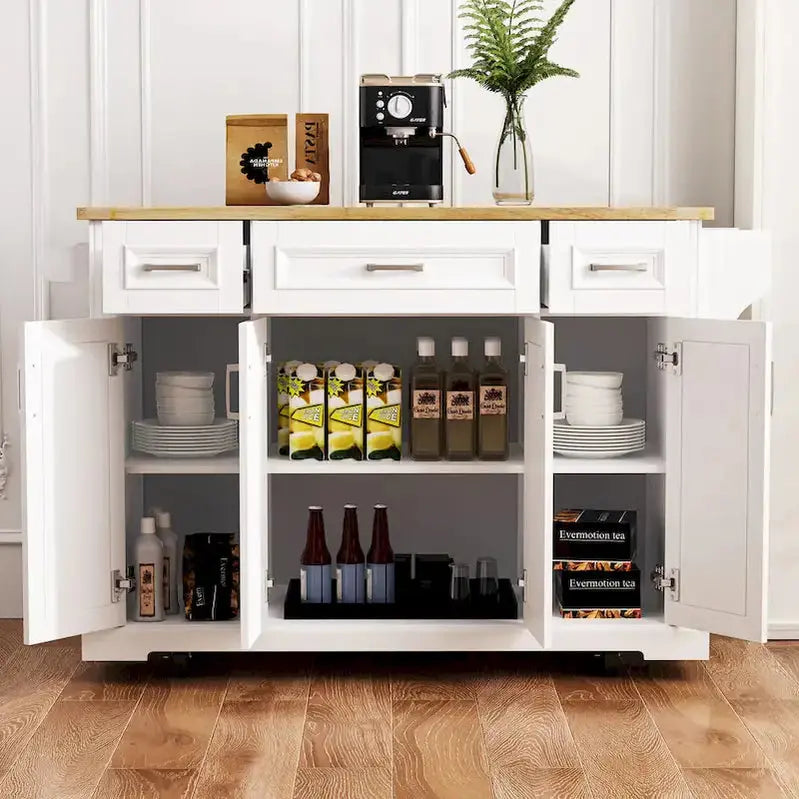 Rolling Kitchen Island Cart with Drop-Leaf Tabletop, Embossed Finish, Cabinet Doors, and Drawer Storage – White