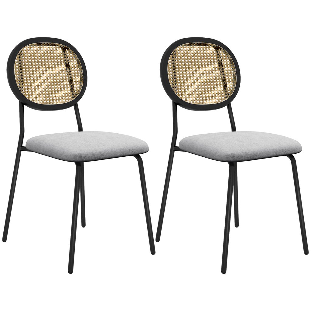 HOMCOM Set mit 2 Dining-Stühlen, Küchenstühle, Rattanrücken, atmungsaktiver Stoff, Stahlrahmen, 44 x 54 x 87 cm, Grau