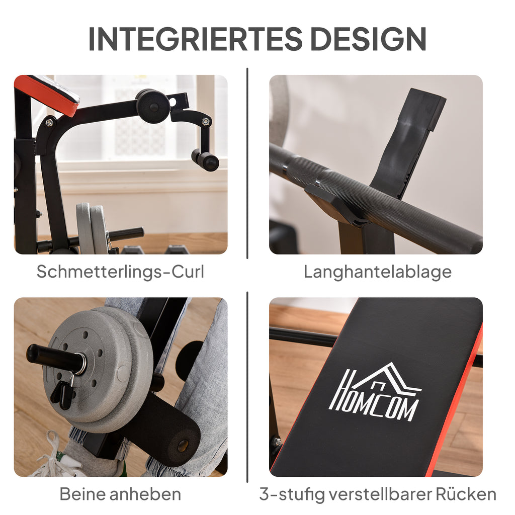 HOMCOM Hantelbank ohne Gewichte, verstellbare Fitnessbank für zahlreiche Übungen,  Workout-Station, Stahl, Kunststoff, Schwarz+Rot