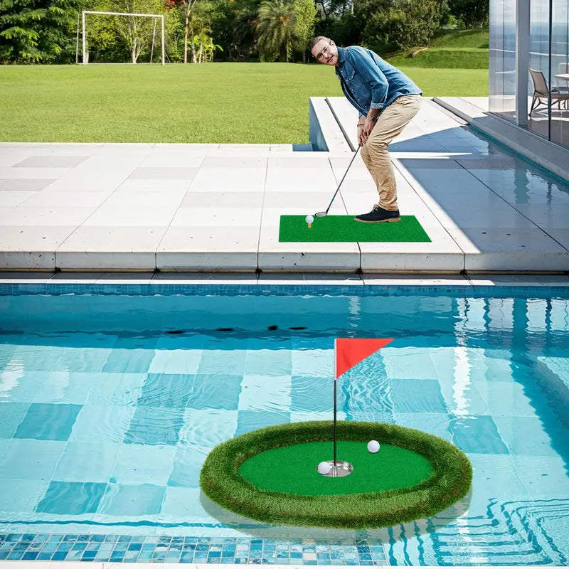 Oval Floating Pool Golf Green – Chipping Mat Kit with Hitting Surface, Balls, Flag & Tee (37.5″ x 25.5″)