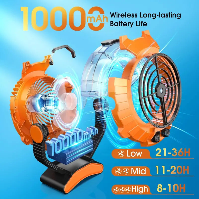JYew Portable Misting Fan – Rechargeable 10,000mAh Battery-Powered Cooling Fan with Hook Mount & USB Charging for Outdoor Use