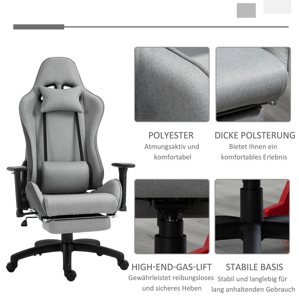 Vinsetto Bürostuhl Computerstuhl Drehstuhl mit abnehmbarem Kopf- und Lendenkissen Wippenfunktion ergonomischer Schreibtischstuhl drehbar höhenverstellbar mit Fußstütze PP Grau 73x57x127-135 cm