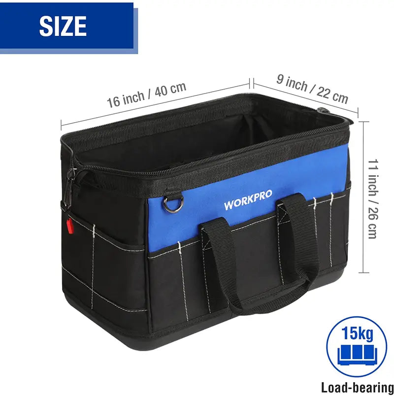 WORKPRO 16″ Wide-Mouth Waterproof Tool Bag – Molded Base for Stability & Durability