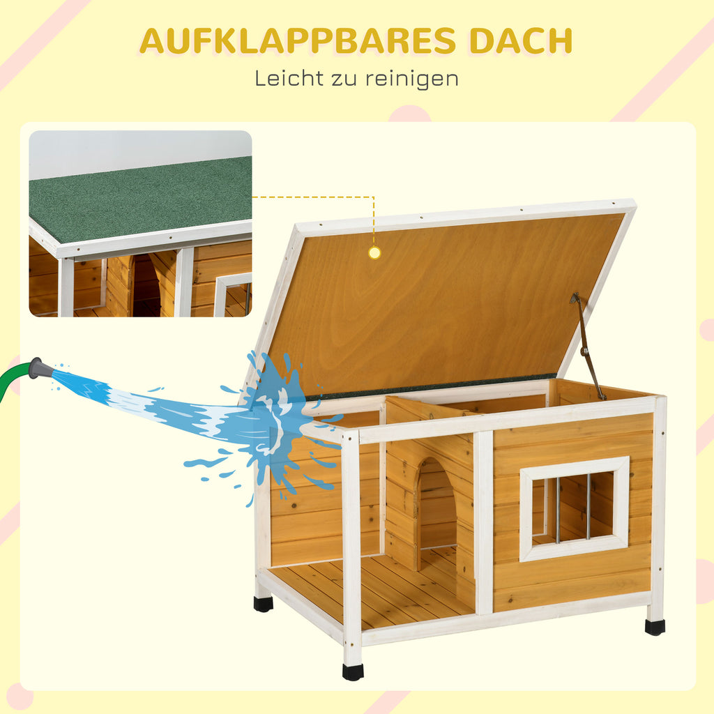 PawHut Hundehütte mit Veranda, aufklappbares Dach, Fenster, verstellbare Füße, Naturholz, orange, 85,5 x 62 x 60 cm