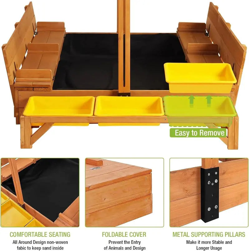 Wooden Outdoor Sandbox with Canopy – 47″×47″ Sand Play Center Featuring Retractable Roof & Foldable Benches
