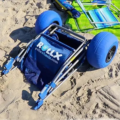 RollX Foldable Beach Cart – 12″ Balloon Tires, Mesh Storage Pockets & Umbrella Holder (Blue)