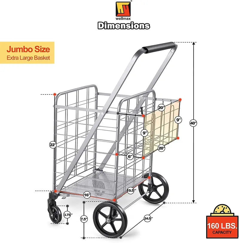 Wellmax Heavy-Duty Rolling Metal Grocery Shopping Cart