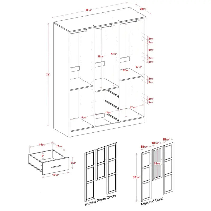 Palace Imports Solid Wood Cosmo Armoire – 3-Door Wardrobe with Optional Mirrored or Solid Panels