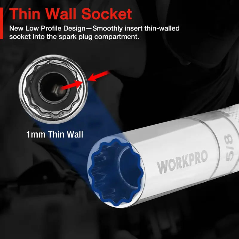 WORKPRO 5/8″ Magnetic Swivel Spark Plug Socket – 3/8″ Drive, 8″ Total Length