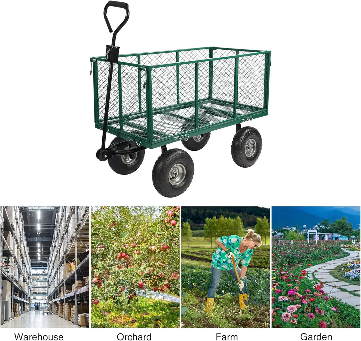 REDCAMP 900 lb Capacity Garden Cart Outdoor Utility Wagon Cart with Wheels Metal Heavy Duty Yard Wagon Flatbed W/ Pocket, Green