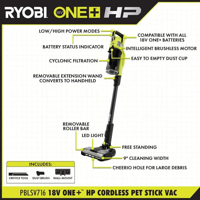 RYOBI ONE+ HP 18V Brushless Cordless Pet Stick Vacuum Cleaner (Tool Only) PBLSV716B