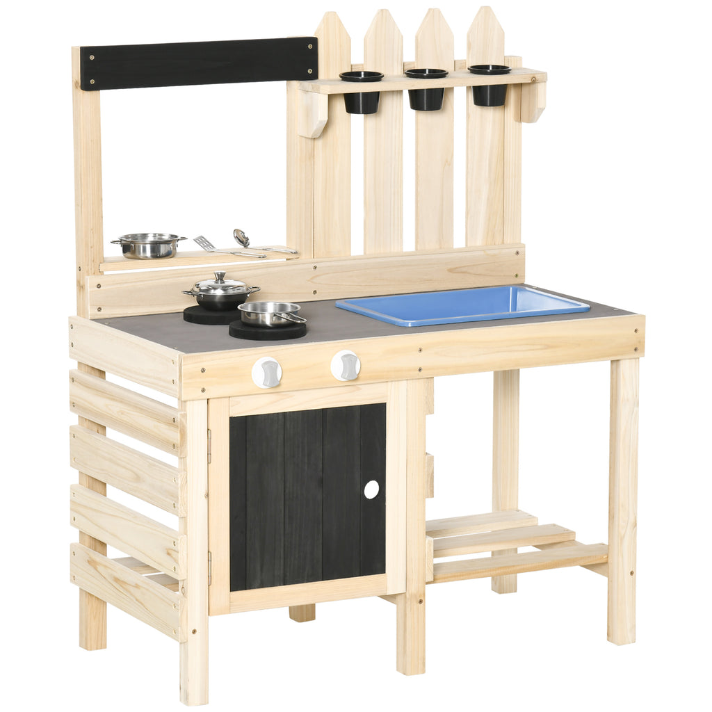 Outsunny Matschküche Outdoor Sandspieleset aus Holz Gartenküche Spieltisch Sand mit Pflanztöpfe Edelstahl Zubehör Spielzeugset Spielzeugküche für 3-7 Jahre 81,5 x 46 x 102,5 cm