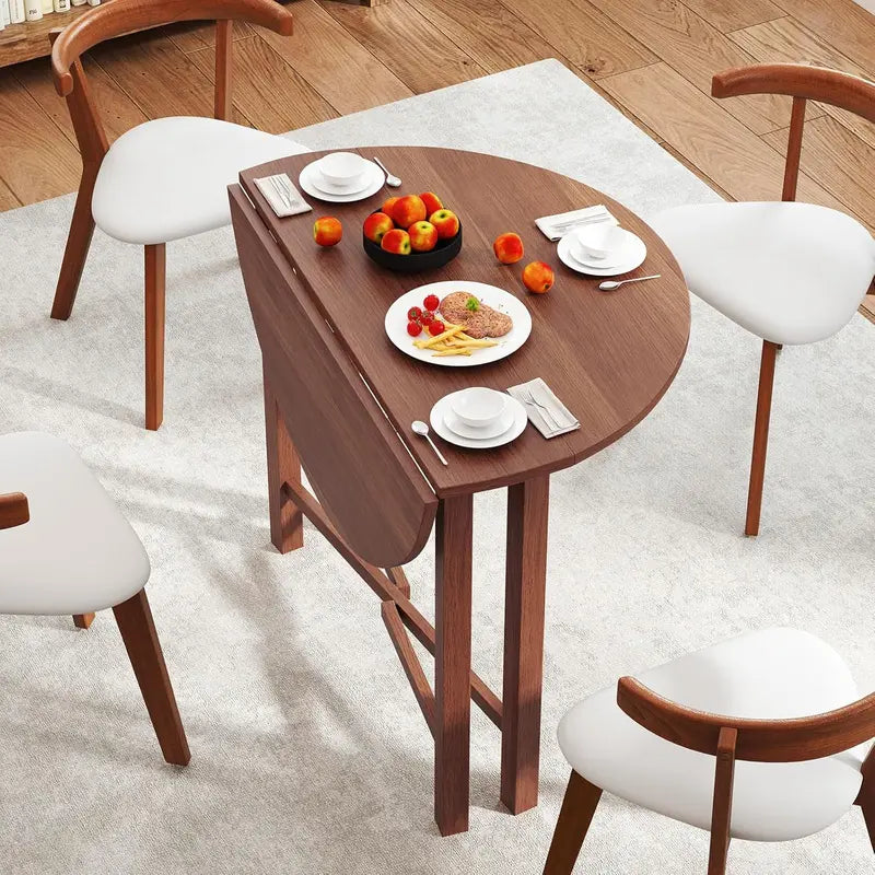 Walnut Round Drop-Leaf Dining Table – Extendable Farmhouse Table for 2–4, Solid Wood Legs