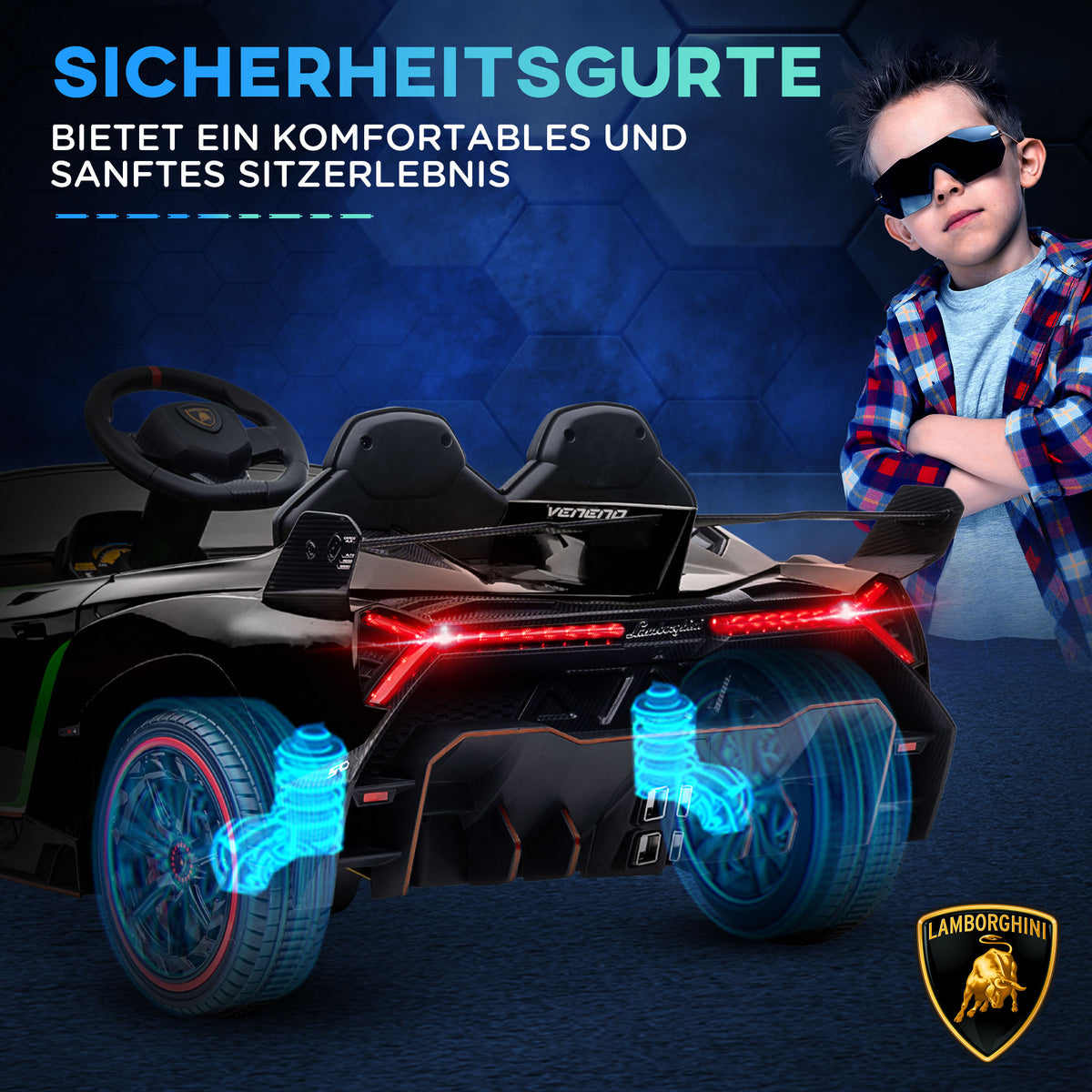 HOMCOM Elektro Kinderauto, lizenzierter Lamborghini Veneno, 3-7 km/h, Flügeltüren, Musikplayer, Fernsteuerung, Schwarz