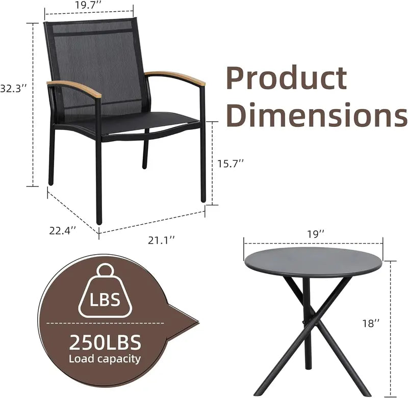 Shintenchi 3-Piece Textilene Bistro Set – Compact Black Outdoor Conversation Furniture for Balcony, Porch, or Lawn