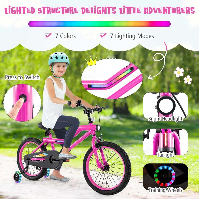 16/18 Inch LED Lighted Kids Bike with Training Wheels, Headlight, Adjustable Seat & Dual Brakes, Children Bicycle for Ages 4-8 Years