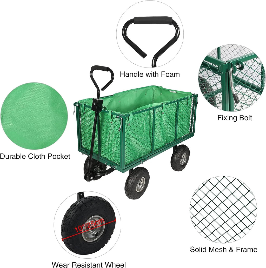 REDCAMP 900 lb Capacity Garden Cart Outdoor Utility Wagon Cart with Wheels Metal Heavy Duty Yard Wagon Flatbed W/ Pocket, Green