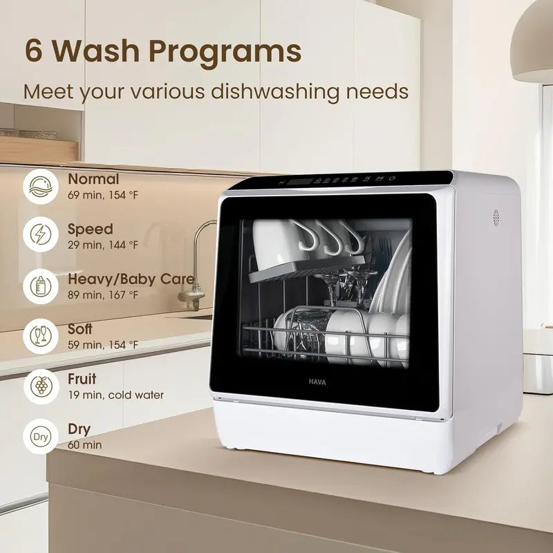 HAVA Compact Countertop Dishwasher – 6-Program, 5L Integrated Water System for Small Kitchens