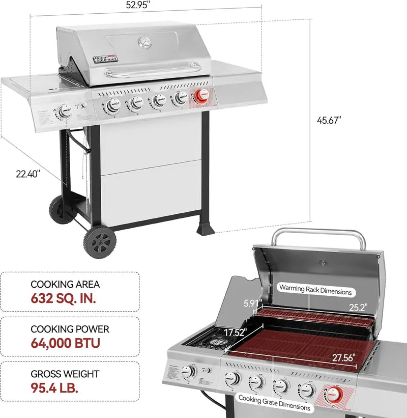 Royal Gourmet GA5401T 5-Burner Propane Grill with Sear and Side Burners – 64,000 BTU Stainless Steel BBQ Featuring 632 Sq. In. Cooking Surface