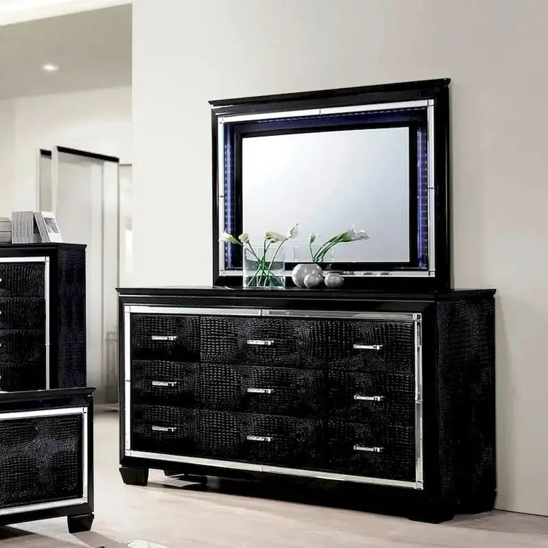 Ruff Crocodile 9-Drawer Dresser and Matching Full-Length Mirror Set – Contemporary Wood Design by Furniture of America