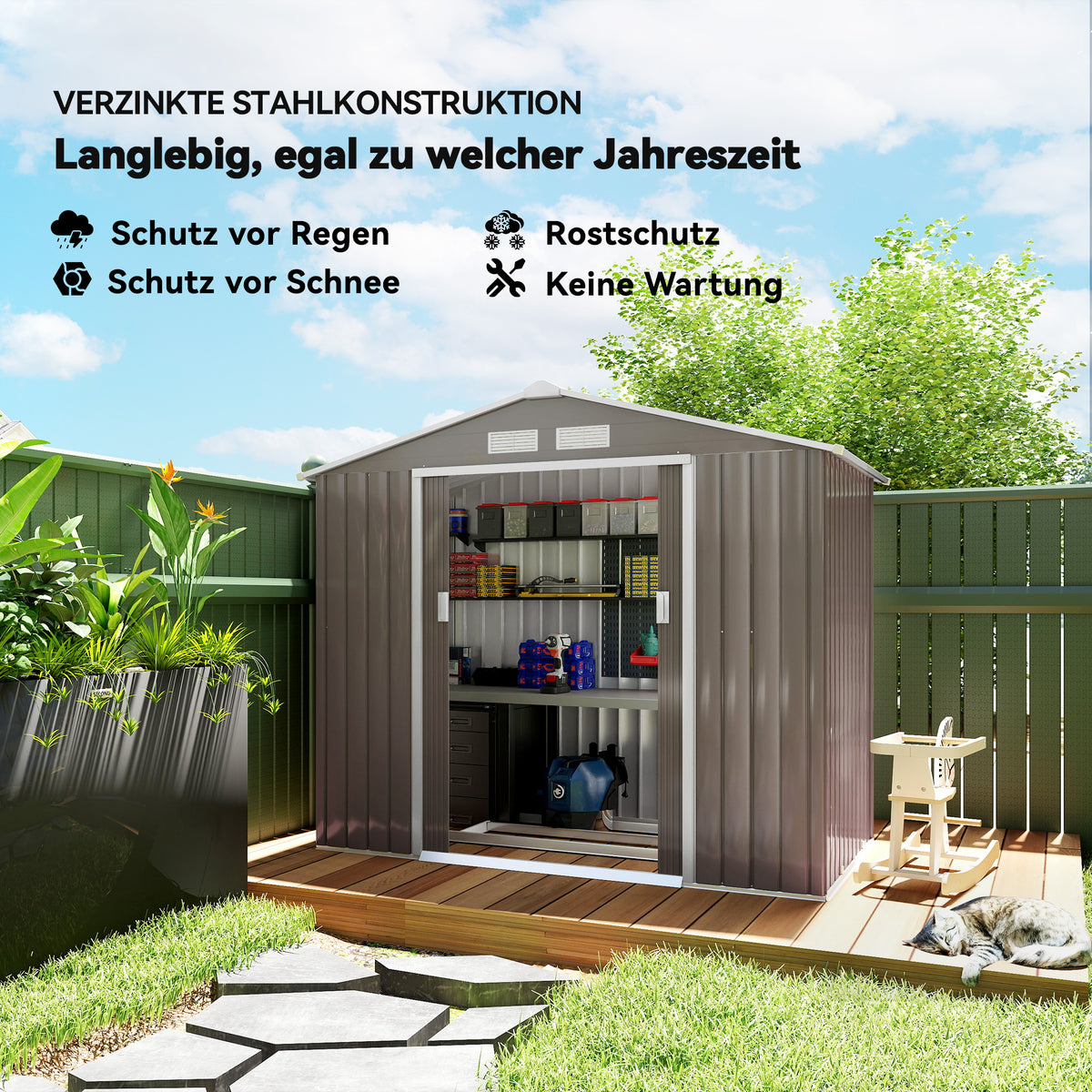 Outsunny Geräteschuppen mit Schiebetüren 2,13 x 1,30 x 1,85cm Metall Grau