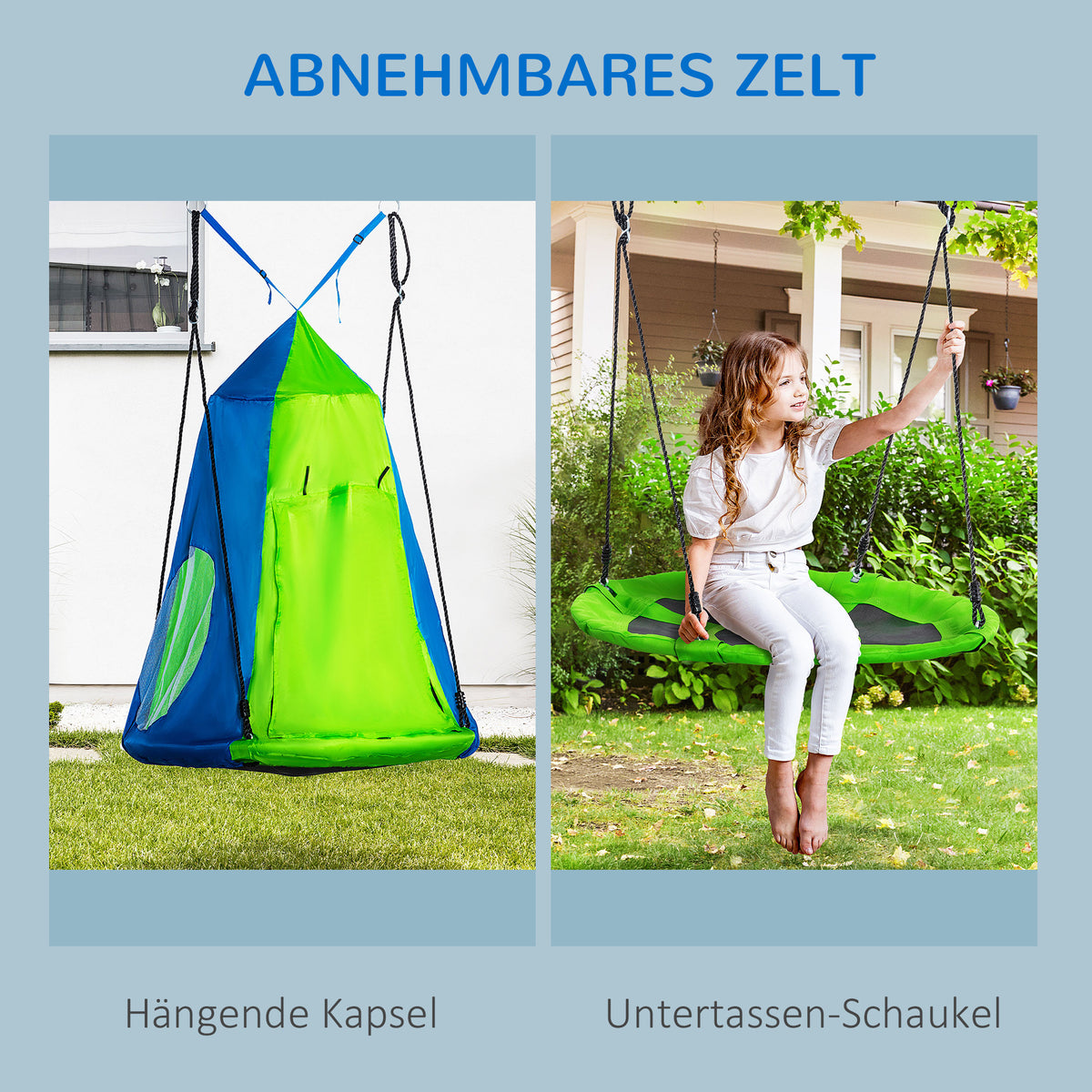 Outsunny Nestschaukel mit Zelt Ø100 cm Gartenschaukel mit Tür und Fenster Tellerschaukel Kinderschaukel Kinder Rundschaukel bis 200 kg belastbar Metall Grün+Blau