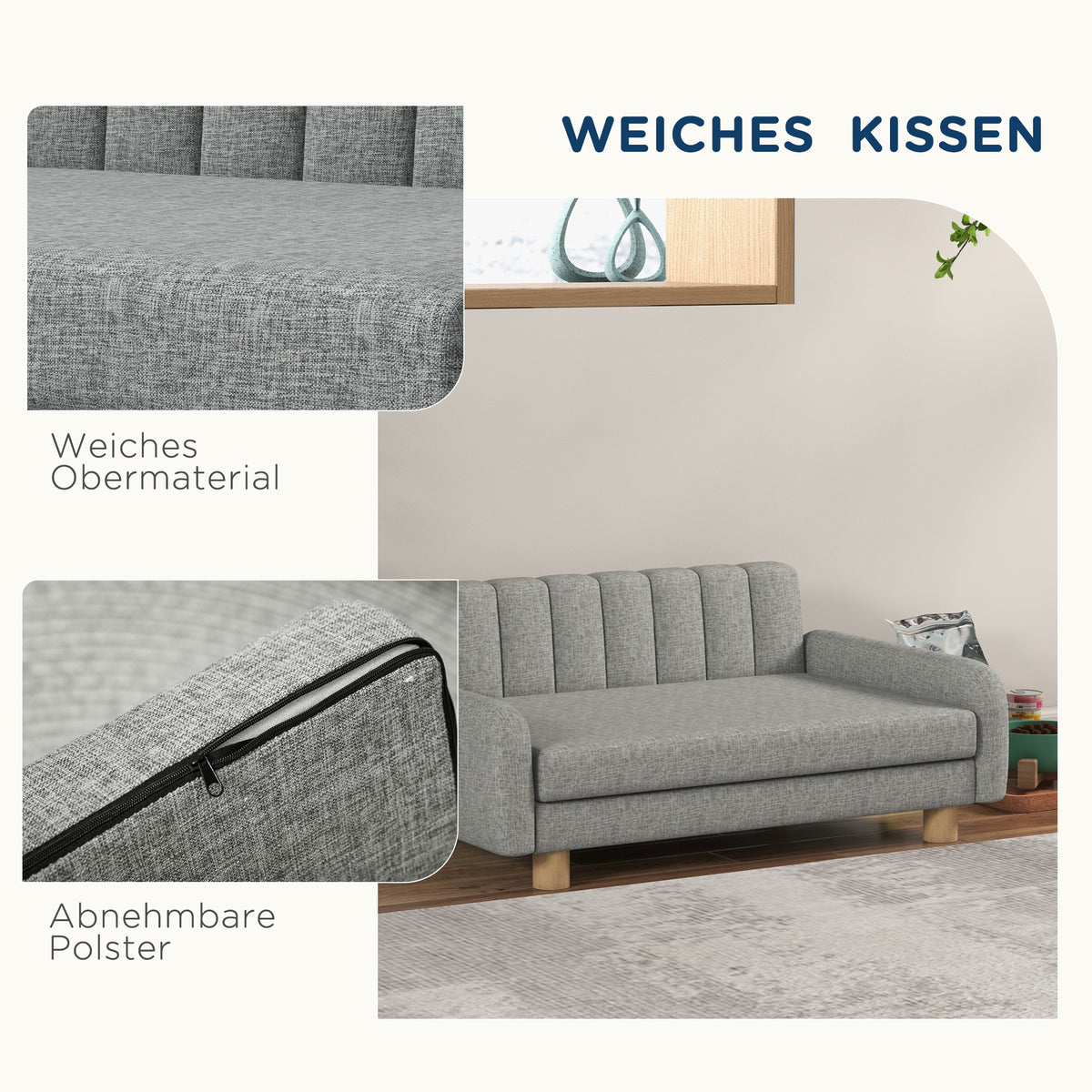 PawHut Hundebett, weiches Kissen, waschbarer Bezug, rutschfeste Füße, grau, 94B x 61T x 40H cm