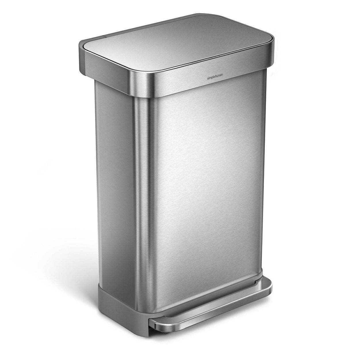 simplehuman 45L rectangular steel step trash can w/ liner pocket, stainless steel