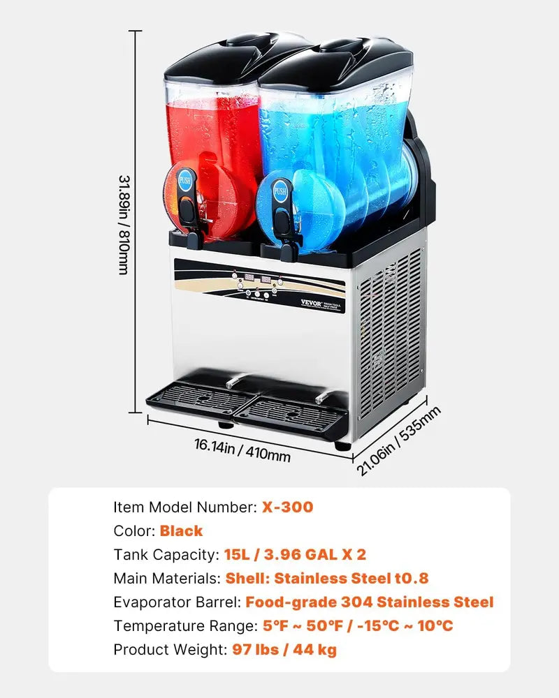 VEVOR Commercial Slushy Machine – 30L Dual-Tank Margarita & Frozen Drink Maker (120 Servings), Stainless Steel for Bars, Cafés, and Parties