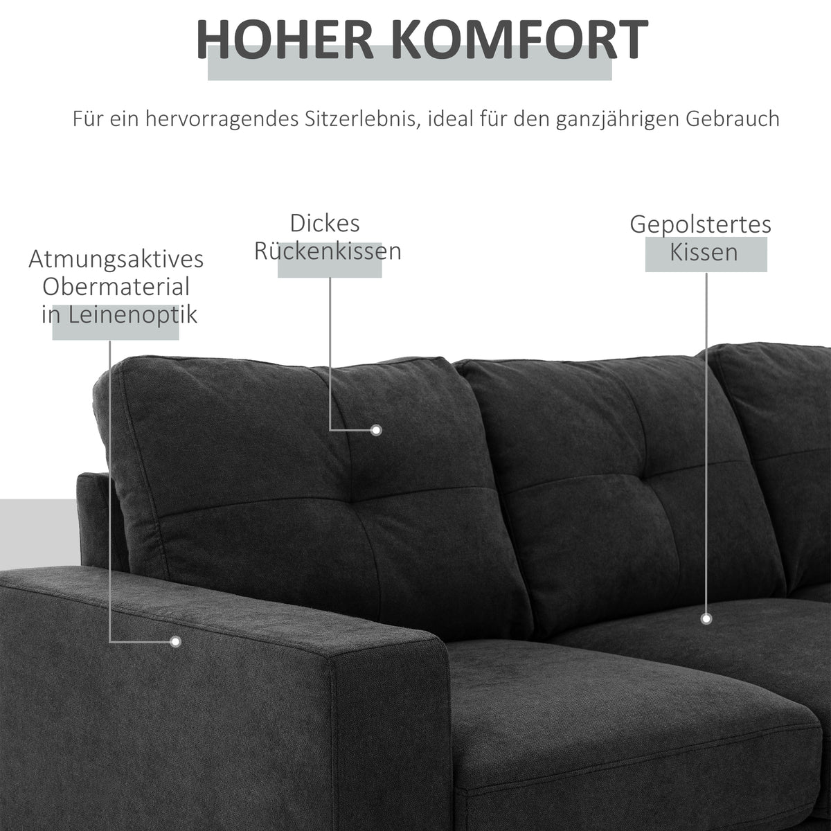 HOMCOM 3-Sitzer-Sofa Sofa Couch Ecksofa, mit Chaiselongue, Knopfheftung, 193 x136 x 85 cm, Schwarz