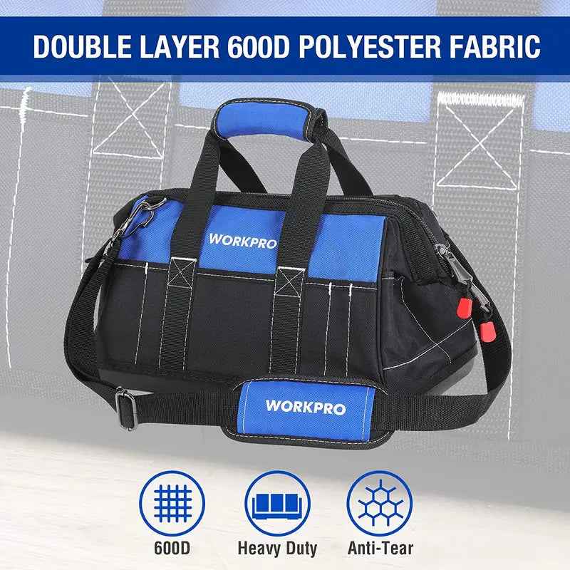 WORKPRO 16″ Wide-Mouth Waterproof Tool Bag – Molded Base for Stability & Durability