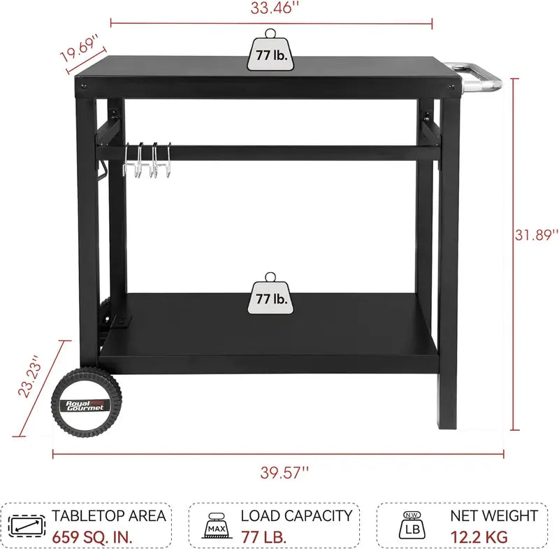 Royal Gourmet Stainless Steel Mobile Dining Cart with Double Shelves, Hooks & Side Handle – Multifunctional Grill Stand (PC3401B, Black)