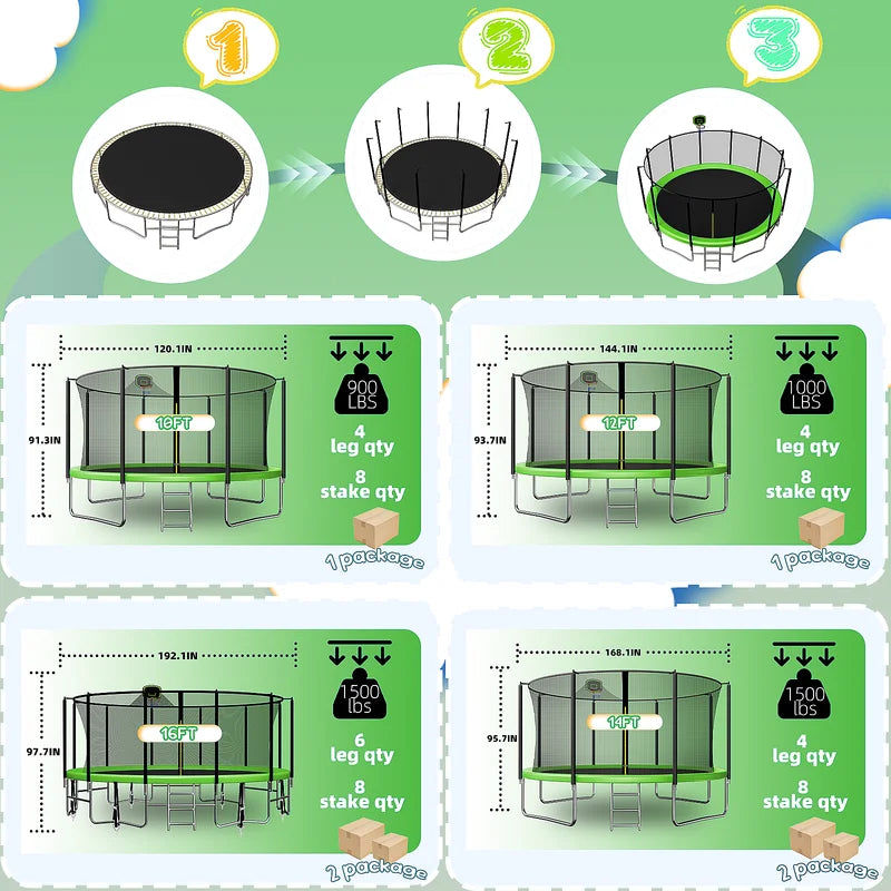 16FT Trampoline for 8 - 9 Kids Adults with Basketball Hoop, Enclosure, Light, Sprinkler, Socks, 2000 lb Outdoor Round Heavy Duty Recreational Backyard Trampoline