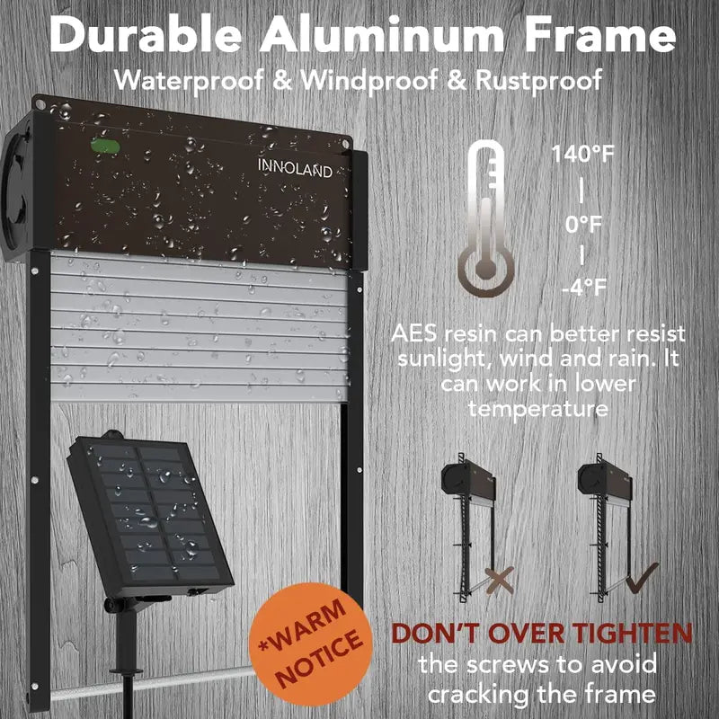 INNOLAND Automatic Chicken Coop Door Solar Powered, Aluminum Frame with Light-Weight AES Roller Shutter, Light Sensor, Daily Programmable Timer, Remote Control