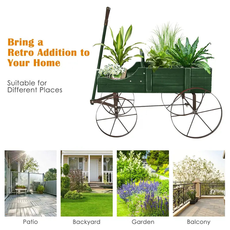 Wooden Wheeled Wagon Planter – Decorative Rolling Garden Planter for Patios and Landscapes