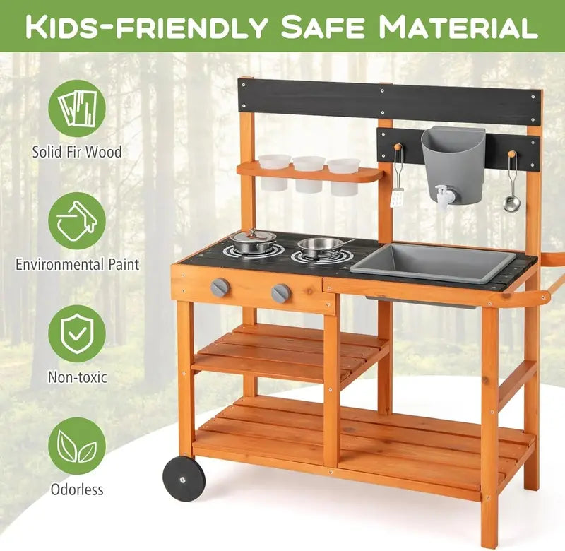 OLAKIDS Outdoor Mud Kitchen Playset – Rolling Wooden Kids' Cooking Station with Removable Sink, Accessories, and All-Terrain Wheels for Ages 3+