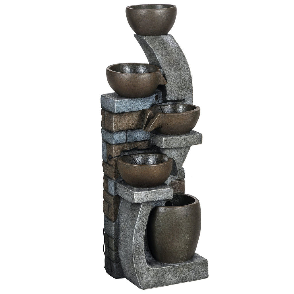 Outsunny Gartenbrunnen, Backsteinoptik, 5-stufig, Solarbetrieb, LEDs, 107cm, Kunstharz, Grau/Braun
