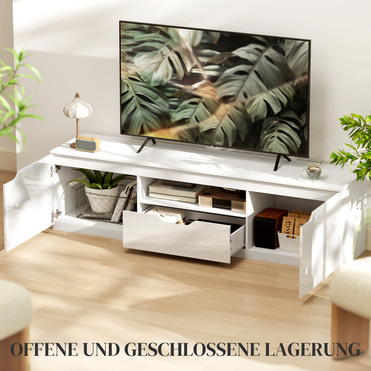 HOMCOM TV-Lowboard, Hochglanz, für Fernseher bis 65'', 3 Fächer, Schublade, 160 x 38 x 43 cm, Weiß