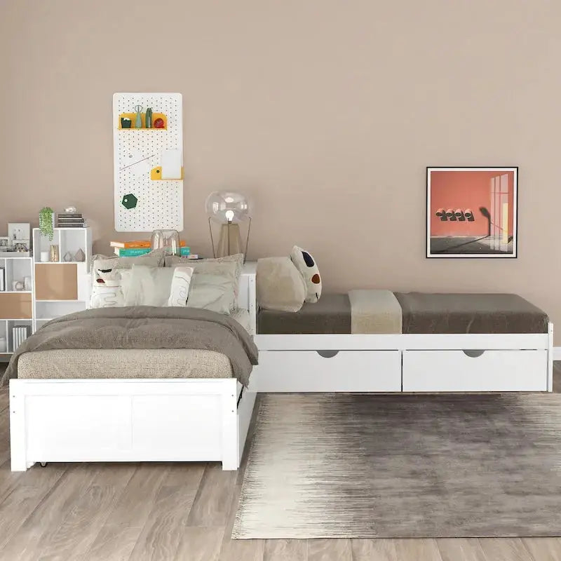 Modern Twin L-Shaped Platform Bed – Includes Trundle, Drawers & Space-Saving Design
