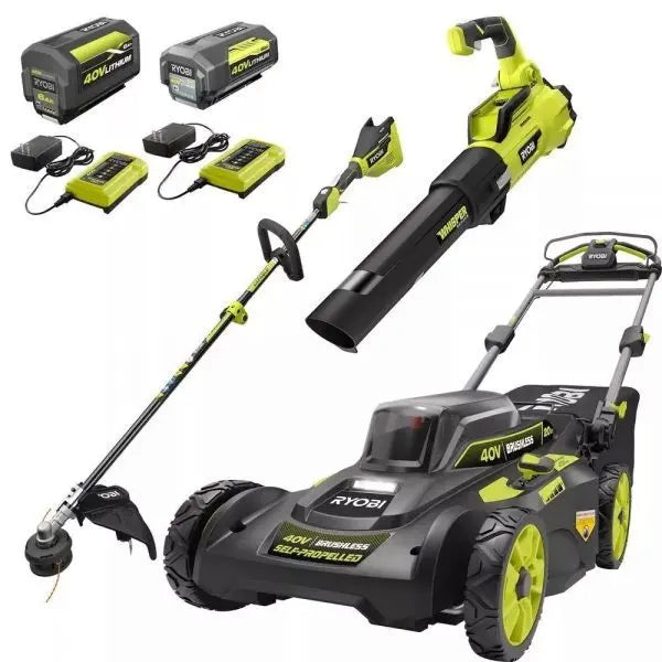 Ryobi 40V Brushless 20-Inch Self-Propelled Lawn Mower + Trimmer + Blower Kit with Dual Batteries & Chargers