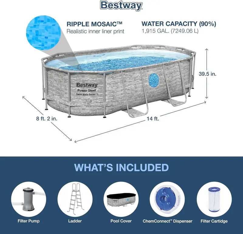 Power Steel Swim Vista II Above-Ground Pool – 14′ x 8'2″, 39.5″ Depth, Includes Filter Pump, Ladder & Pool Cover