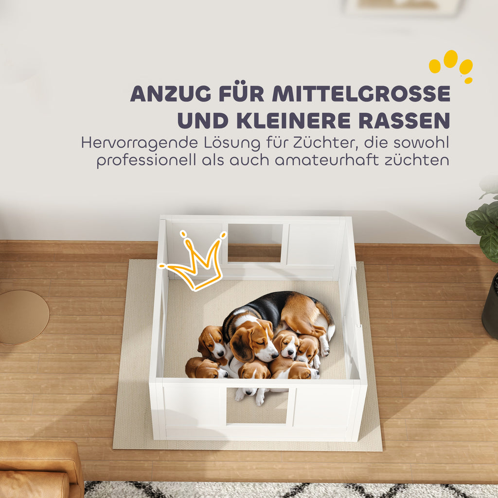 PawHut Welpenbox für kleine und mittelgroße Hunde, Hunde-Wurfbox mit anpassbarem Eingang, rutschfesten Fußpads, Weiß